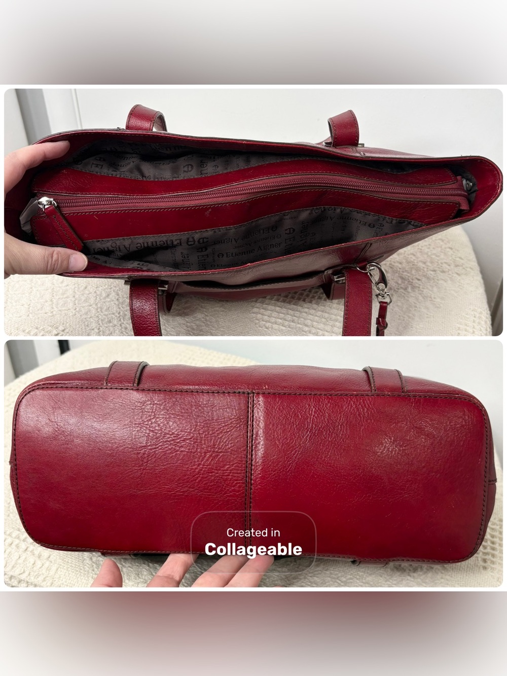Y2K Vintage Etienne Aigner Red Large Pebble Leather Top-Zip Tote Bag - Picture 9 of 11